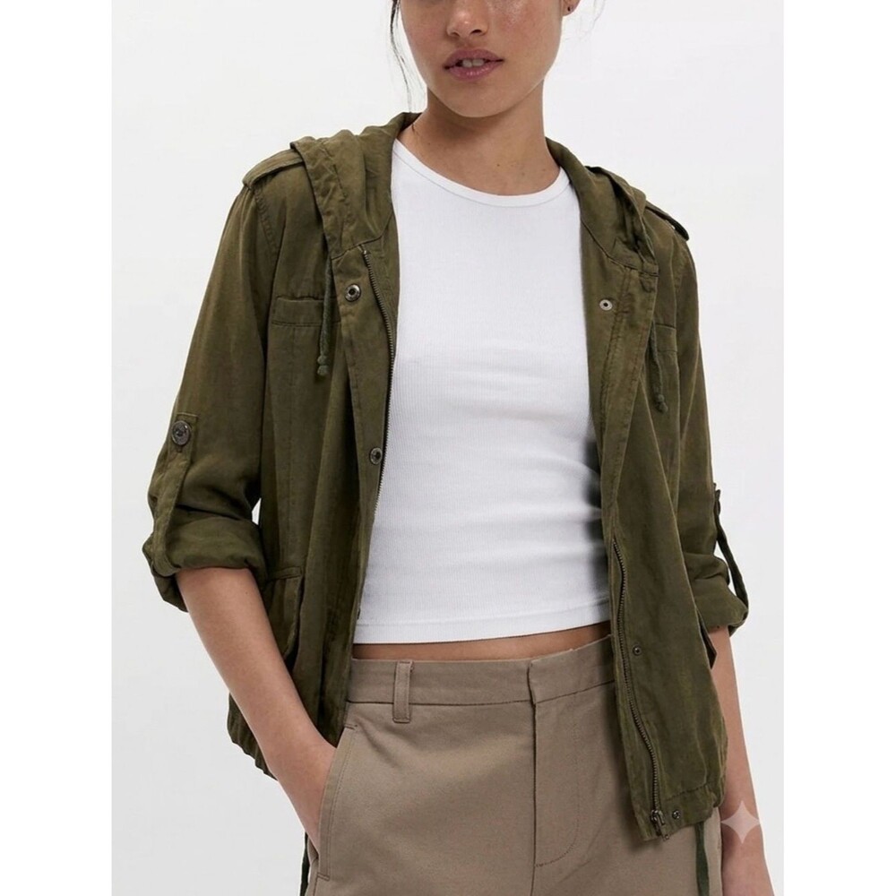Brandy Melville Lightweight Hooded Zip Jacket Womens Size Small Olive Utility